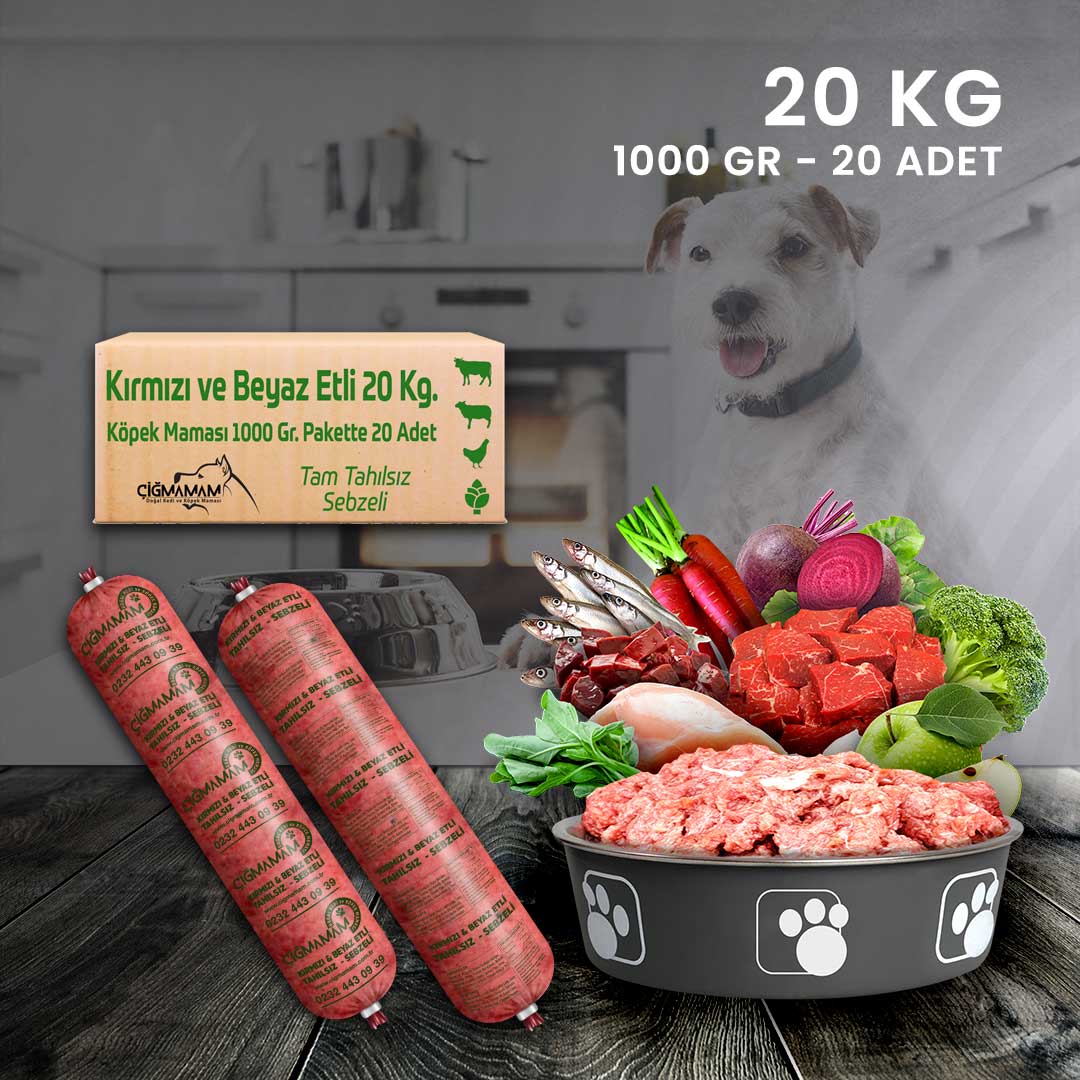 Çiğmamam - Kırmızı ve Beyaz Etli BARF Köpek Maması 20 Kg - 1000 Gr'lık