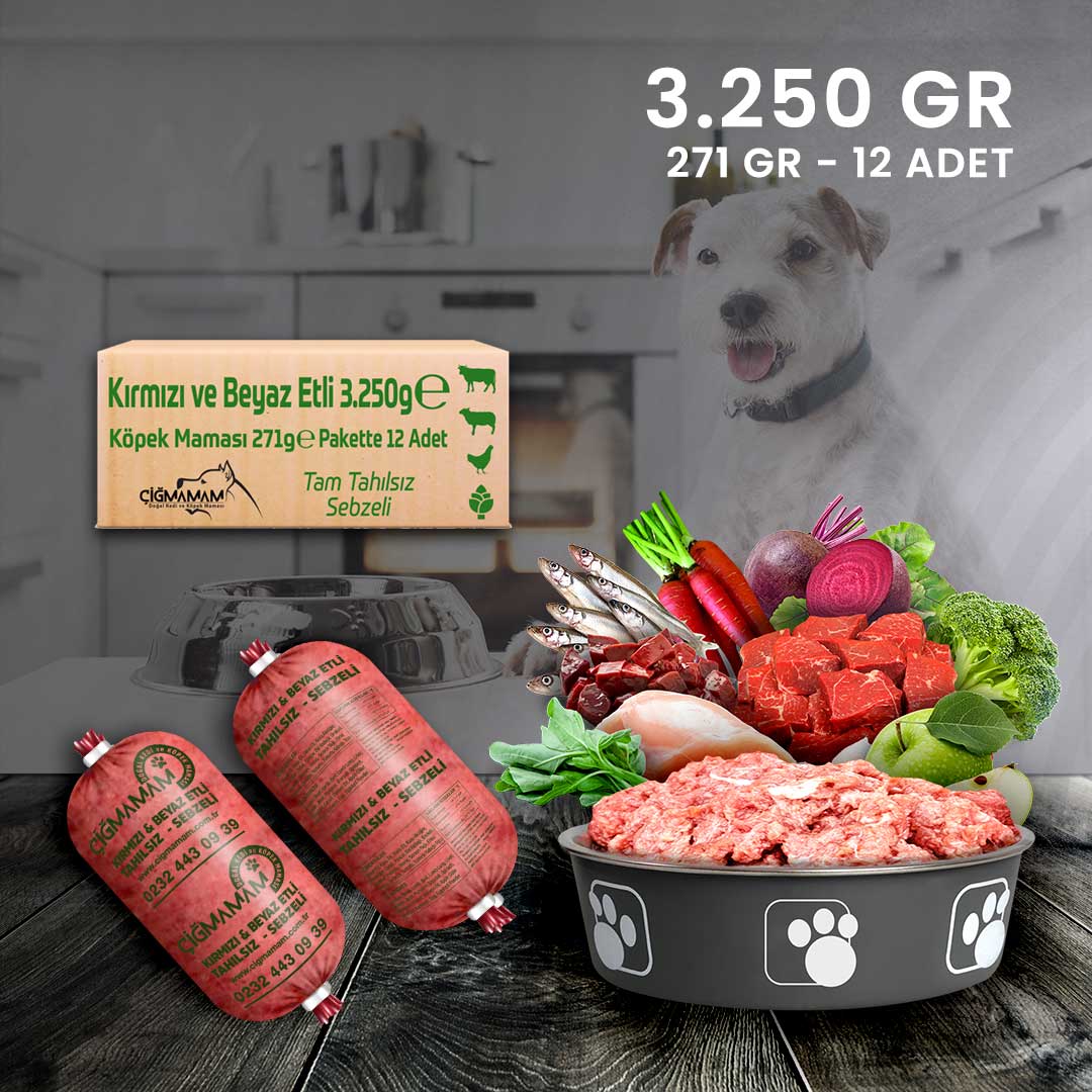 Çiğmamam - Kırmızı ve Beyaz Etli BARF Köpek Maması 3.250 Gr - 271 Gr'lık