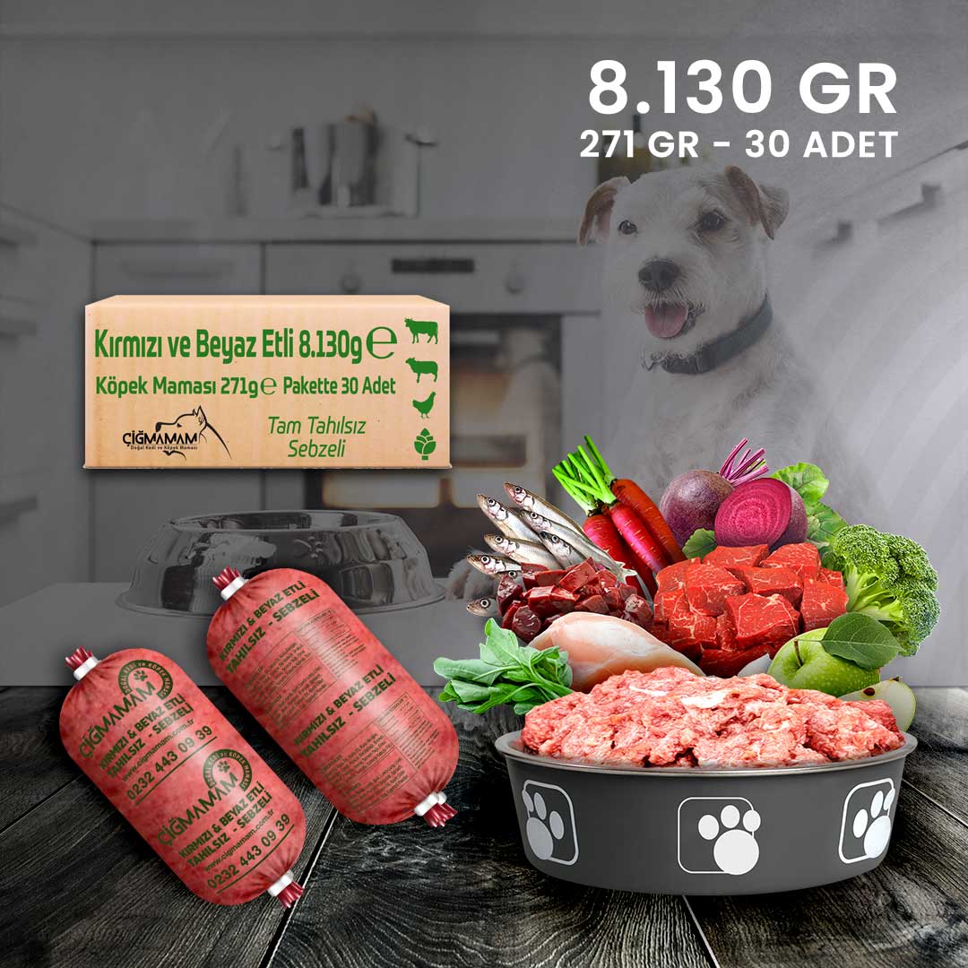 Çiğmamam - Kırmızı ve Beyaz Etli BARF Köpek Maması 8.130 Gr - 271 Gr'lık