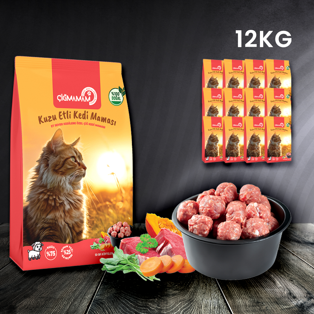 Çiğmamam - Kuzu Etli Kedi Köftesi BARF 12 Kg 1000 Gr'lık Pakette