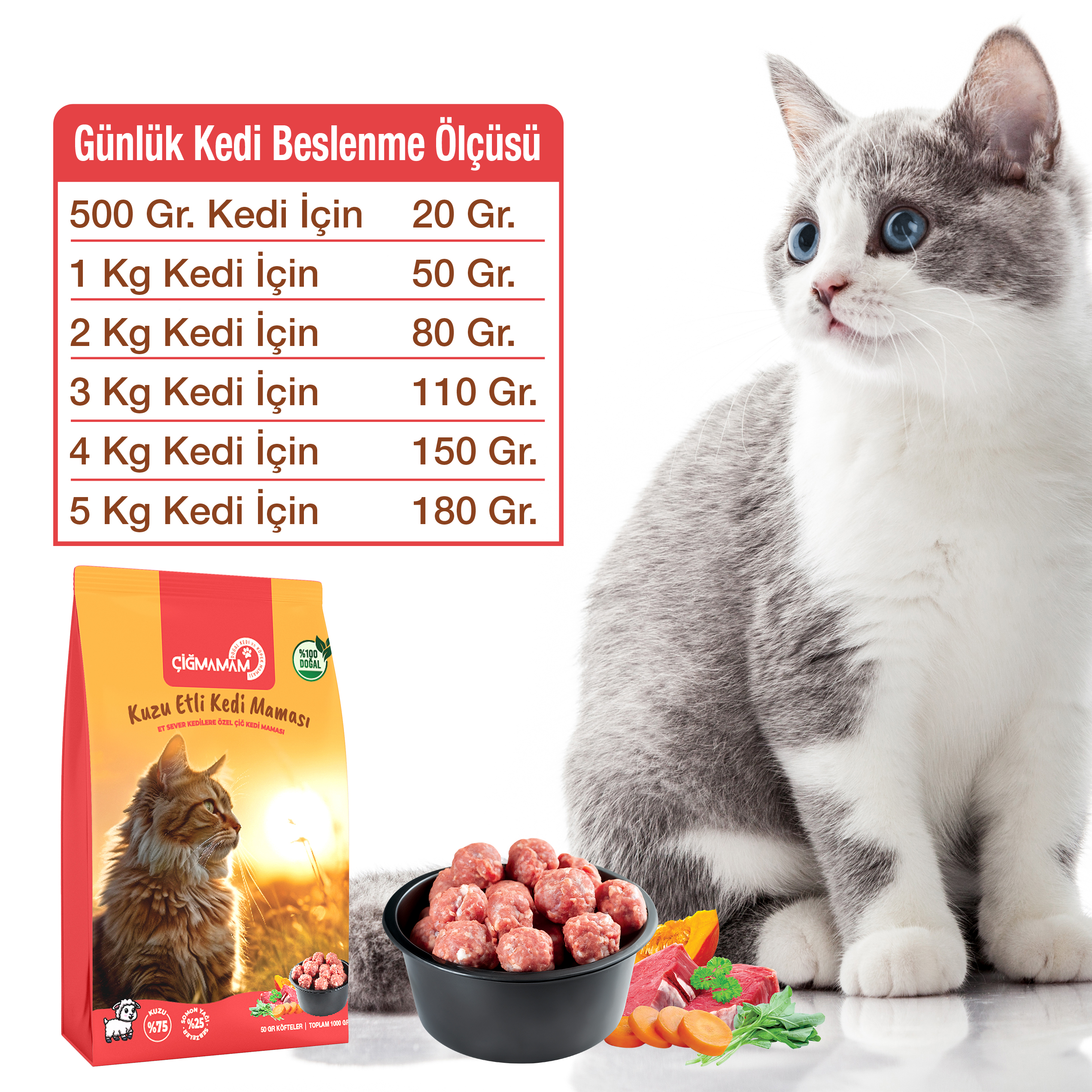 Kuzu Etli Kedi Köftesi BARF 2 Kg 1000 Gr'lık Pakette