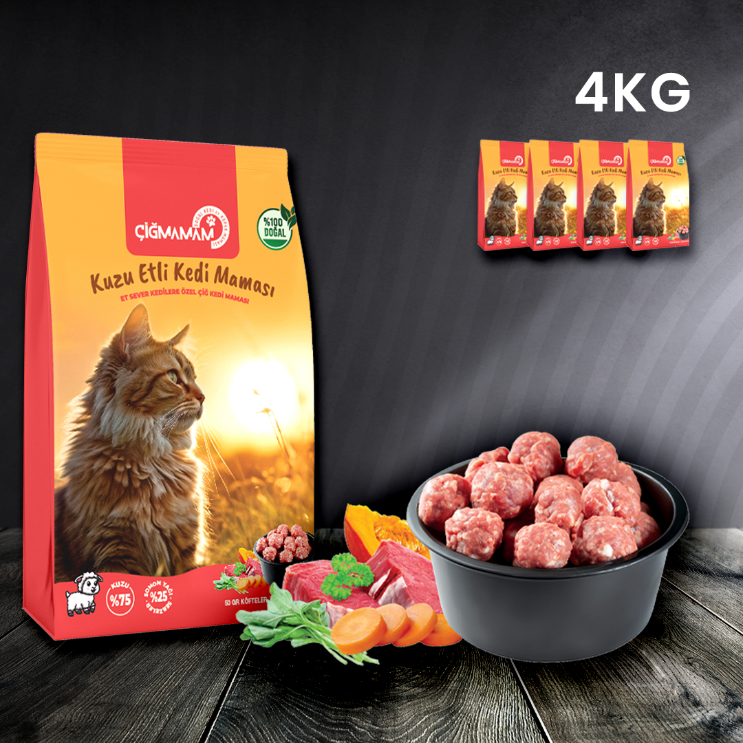Çiğmamam - Kuzu Etli Kedi Köftesi BARF 4 Kg 1000 Gr'lık Pakette