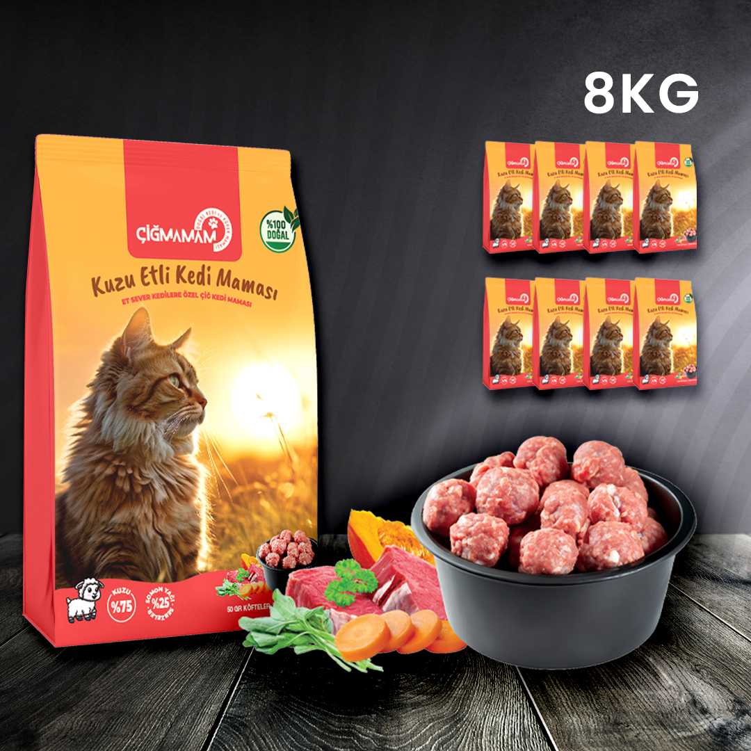 Çiğmamam - Kuzu Etli Kedi Köftesi BARF 8 Kg 1000 Gr'lık Pakette
