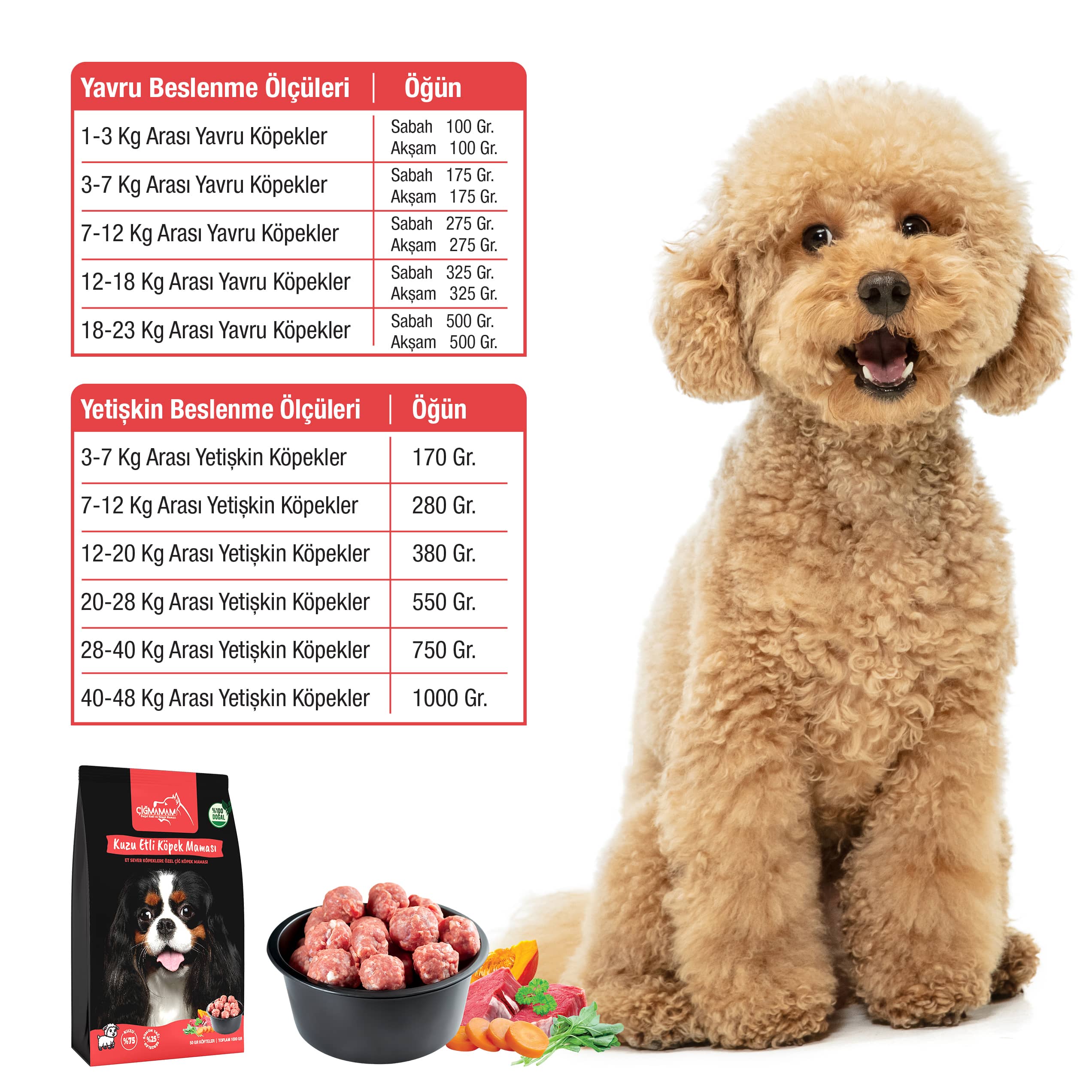 Kuzu Etli BARF Köpek Köftesi 4 Kg - 1000 Gr'lık